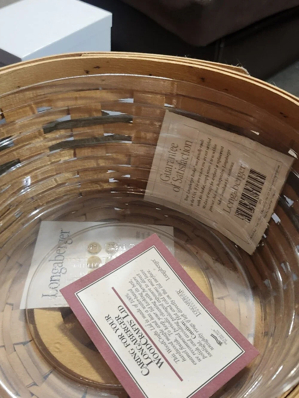 Longaberger Natural and Olive Woven Popcorn Basket with Protector & Lid. 1999
